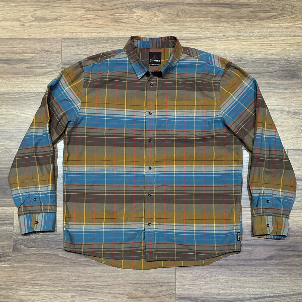 Prana Wyndwell Flannel Shirt in Driftwood Blue/Brown Plaid Size XL